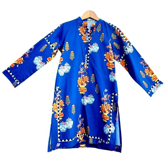 Tunic Top Blue Kameez Medium Long Sleeves Floral Boho - Picture 1 of 10